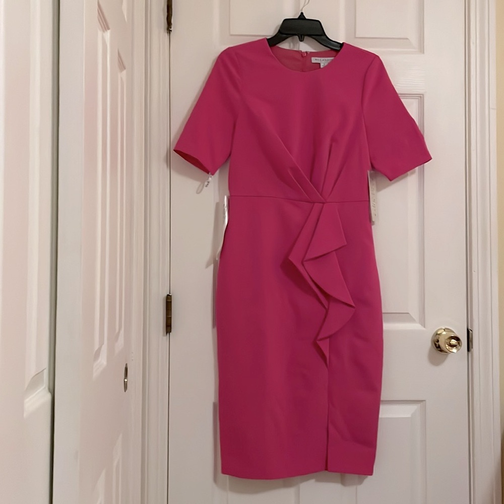 Kay Unger Hot Pink Tinsley Gathered Midi Cocktail and Party Dress